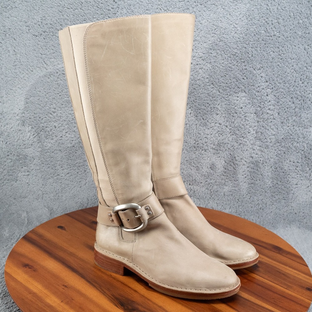 Fossil Distressed Leather Tall Boots Ivory Brown Sz 7 EU 37 Moto Buckle